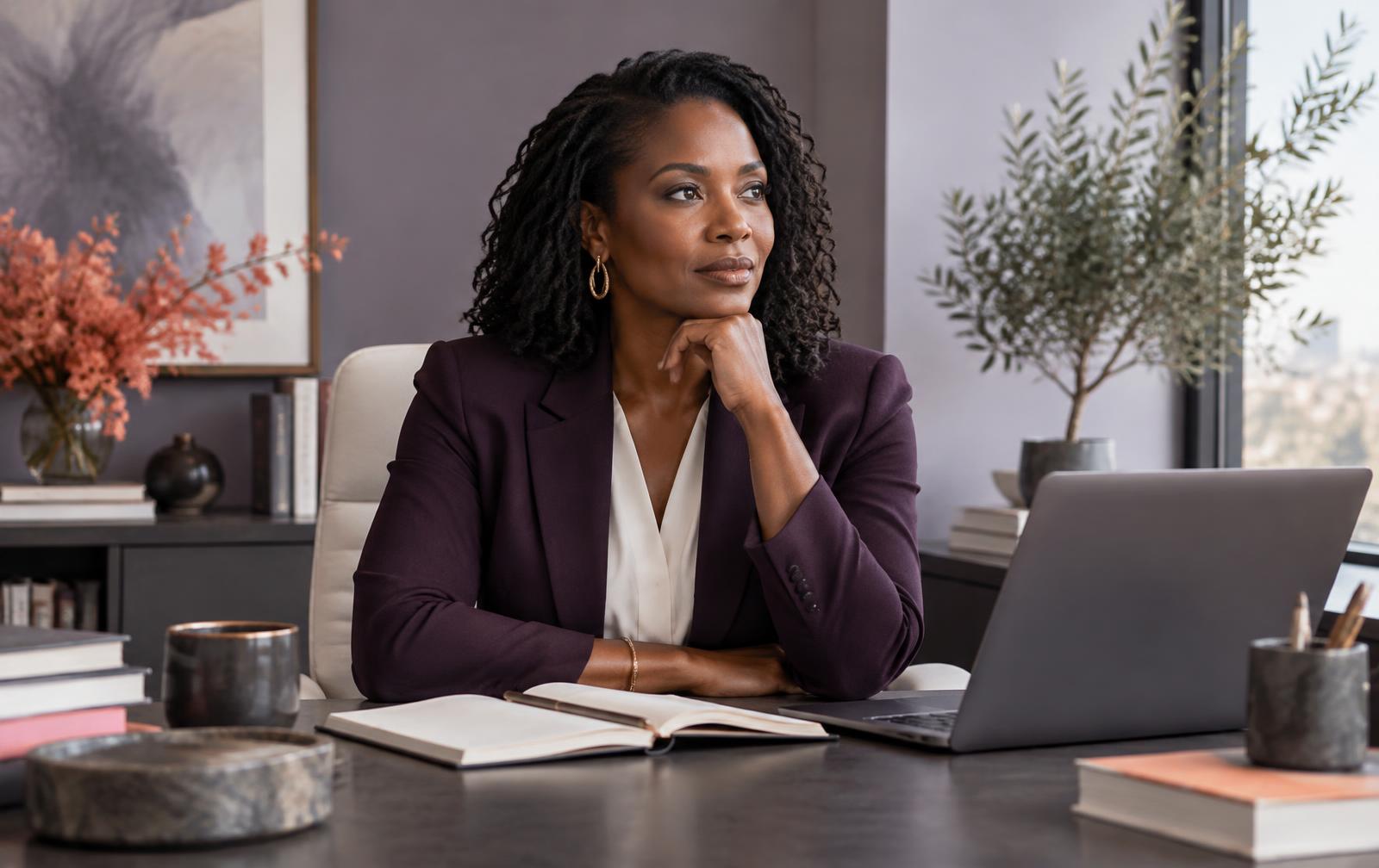 A Black woman executive seated behind her desk in a contemporary office